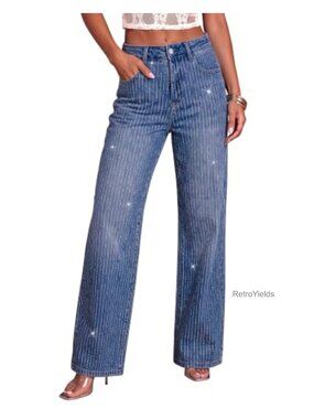 High Waisted Wide Leg Rhinestone Stretch Jeans